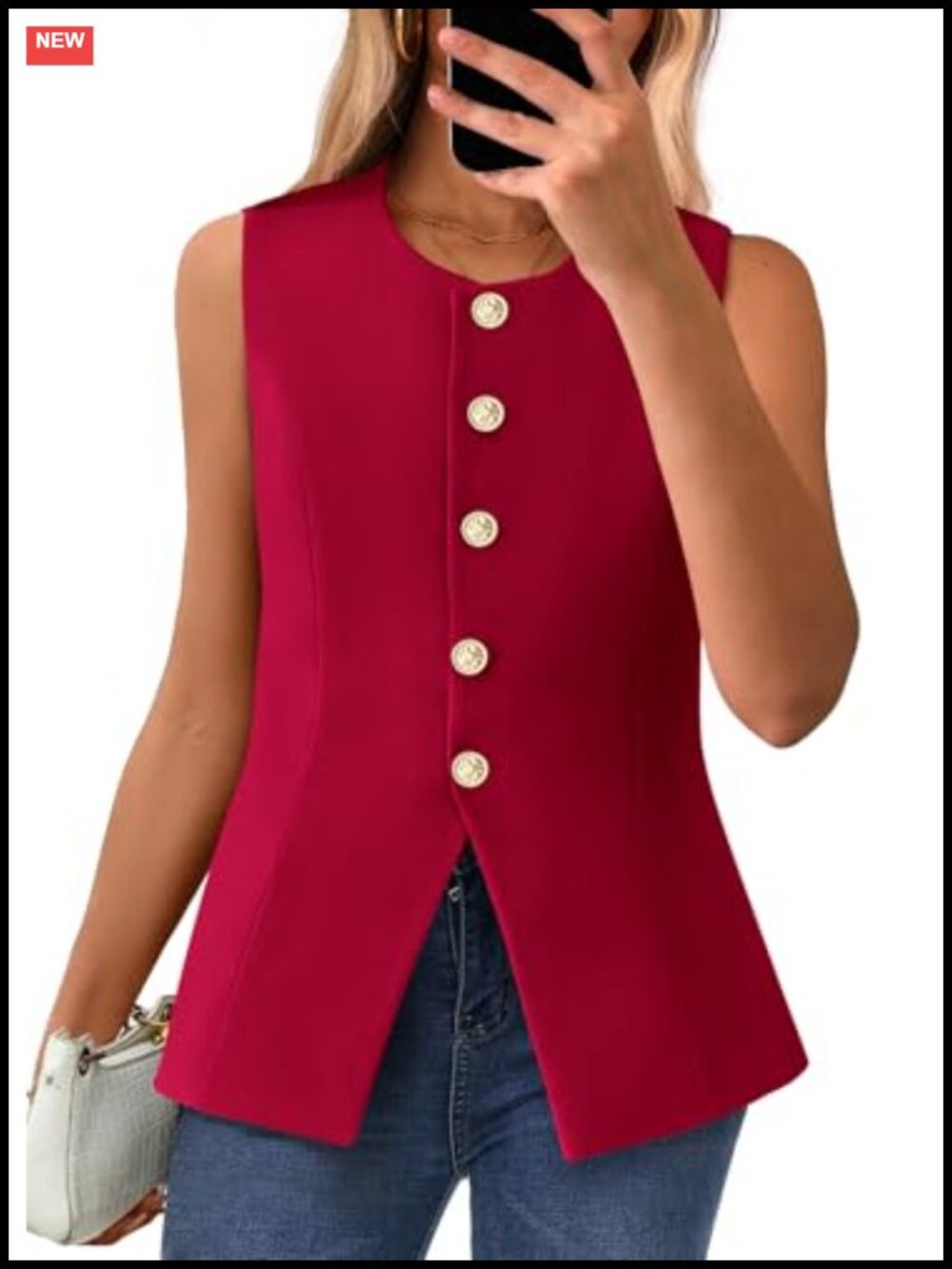 Sleeveless Button Down Vest Top Womens Fitted Hip Length Suit Blazer Work